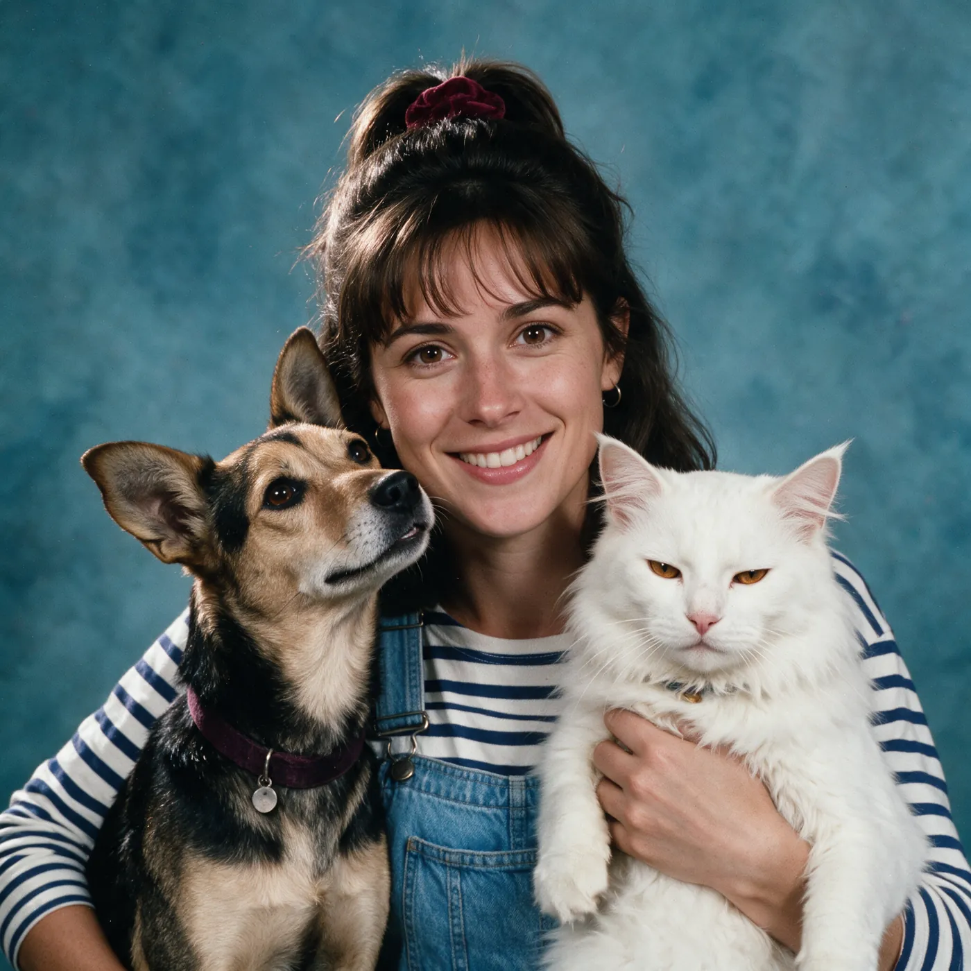 Jenny abraçada com a cachorra Amora e o gato Barão